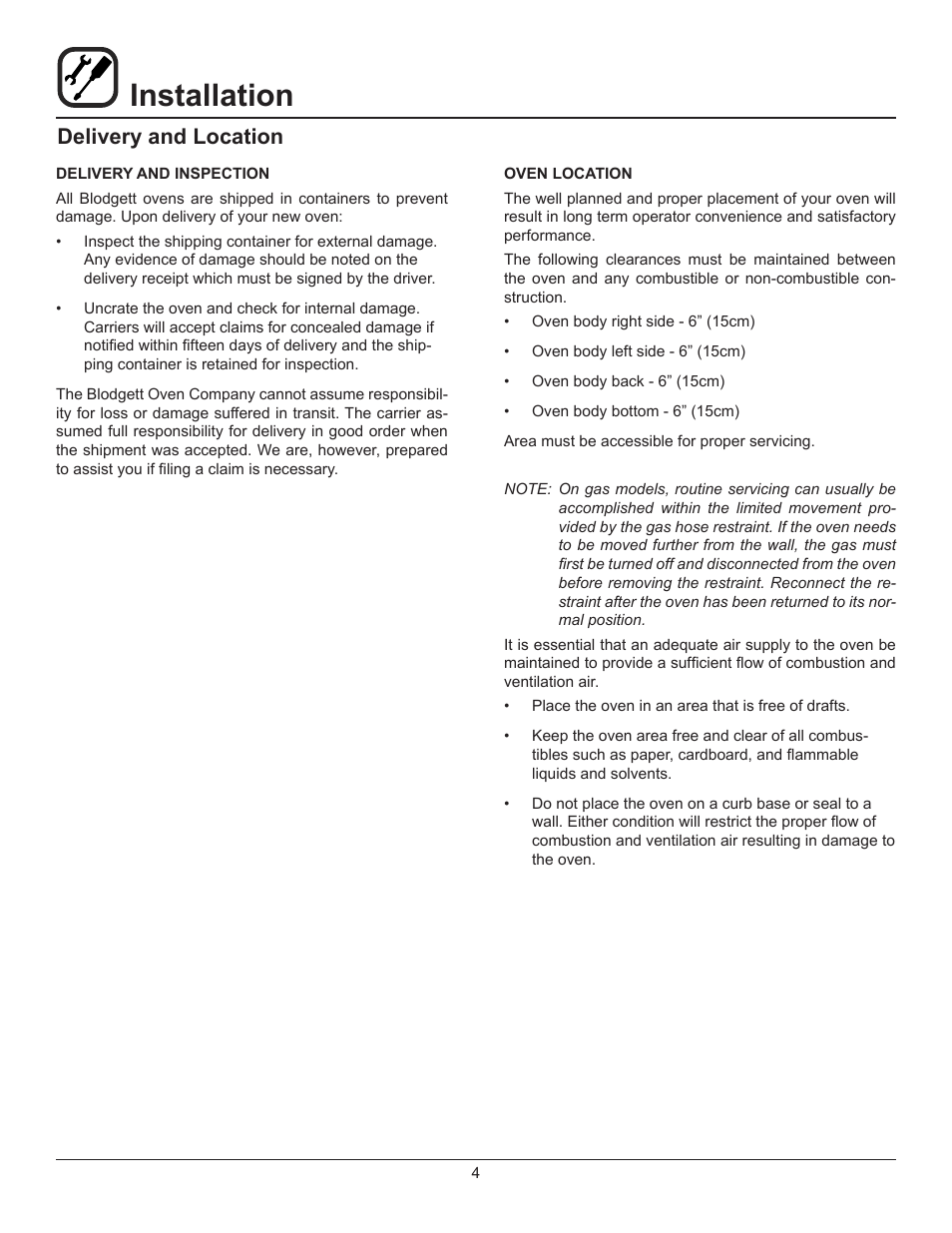 Installation, Delivery and location | Blodgett 900 SERIES User Manual | Page 6 / 22