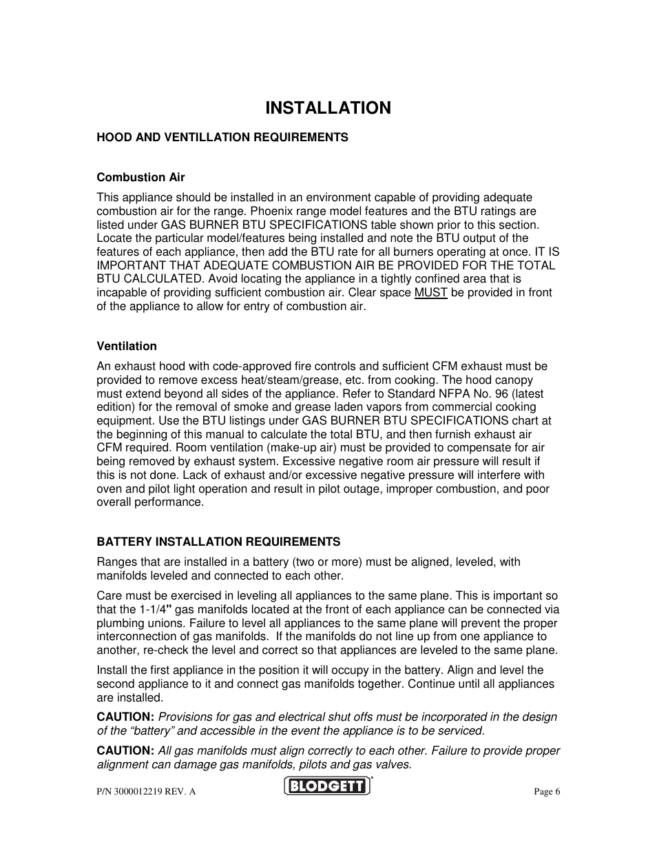 Installation | Blodgett BPBB SERIES User Manual | Page 6 / 24