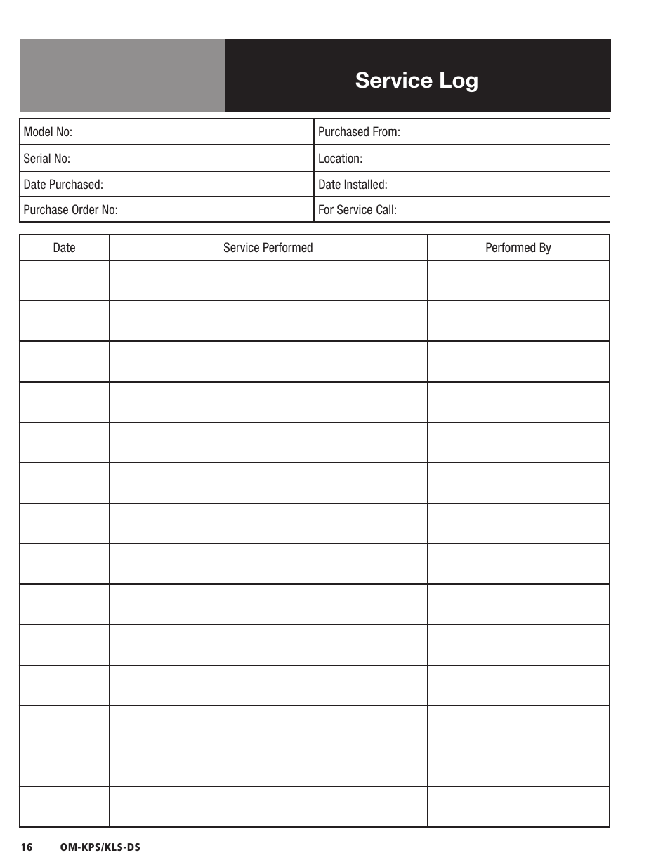 Service log | Blodgett KLS-DS Series User Manual | Page 18 / 20