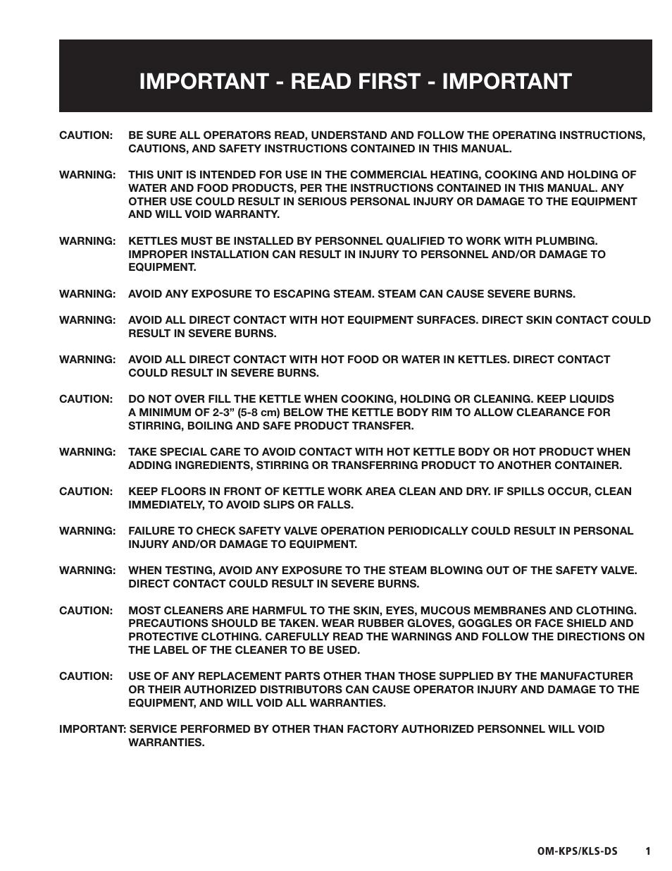 Important - read first - important | Blodgett KLS-DS Series User Manual | Page 3 / 20