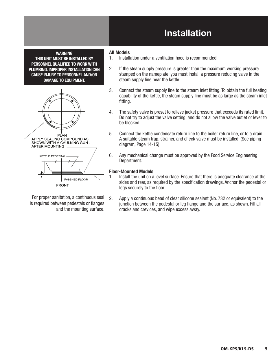 Installation | Blodgett KLS-DS Series User Manual | Page 7 / 20