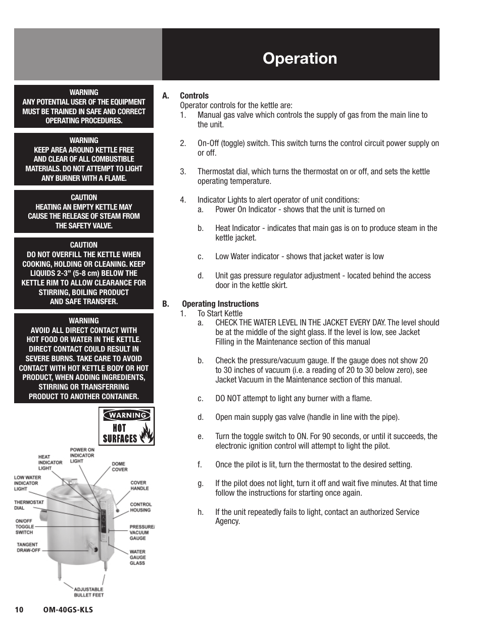 Operation | Blodgett 40GS-KLS Series User Manual | Page 12 / 32