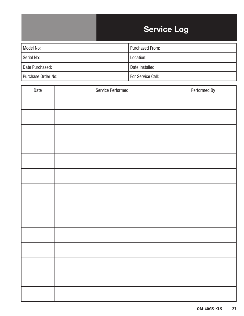 Service log | Blodgett 40GS-KLS Series User Manual | Page 29 / 32