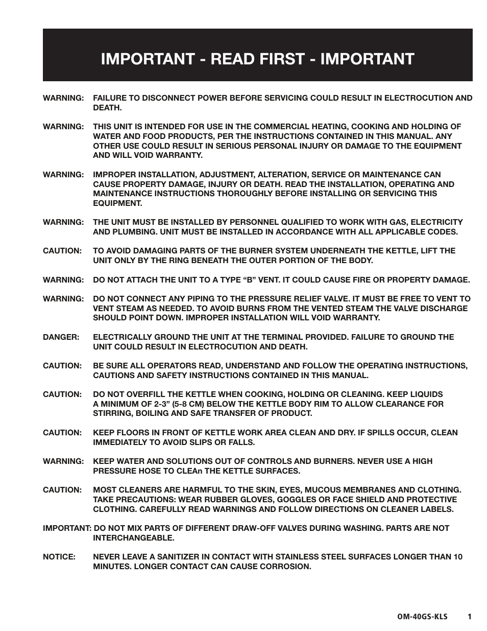 Important - read first - important | Blodgett 40GS-KLS Series User Manual | Page 3 / 32