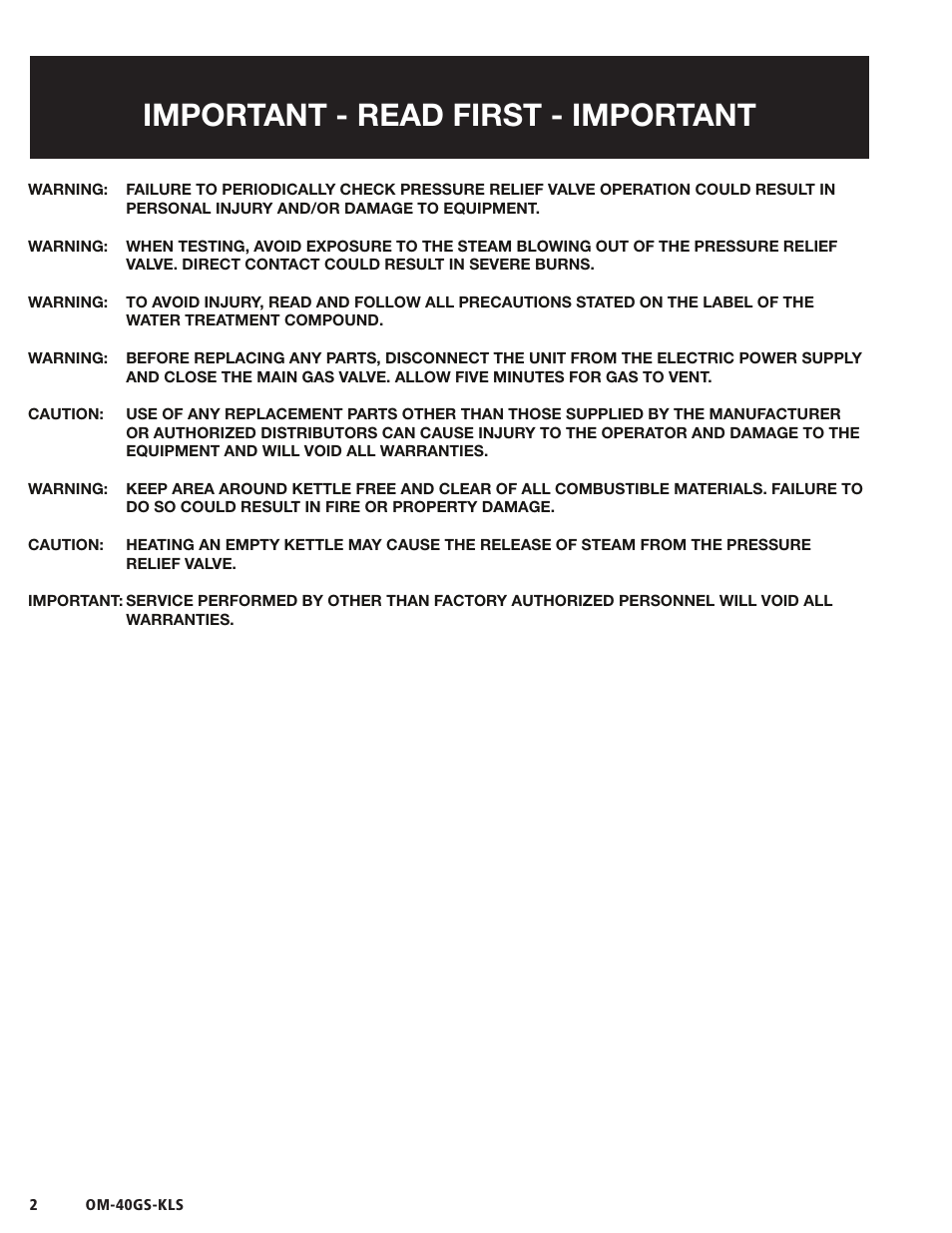 Important - read first - important | Blodgett 40GS-KLS Series User Manual | Page 4 / 32