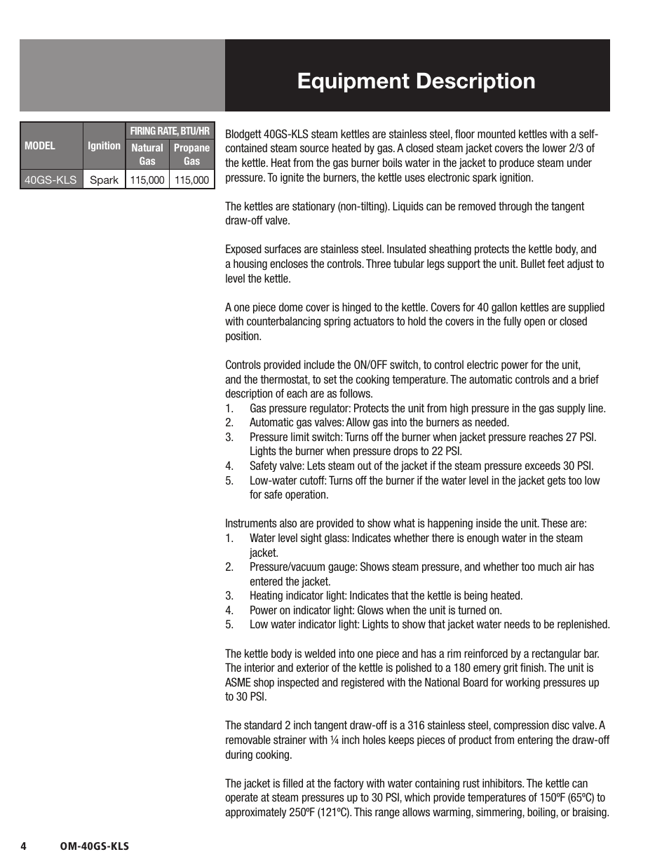 Equipment description | Blodgett 40GS-KLS Series User Manual | Page 6 / 32