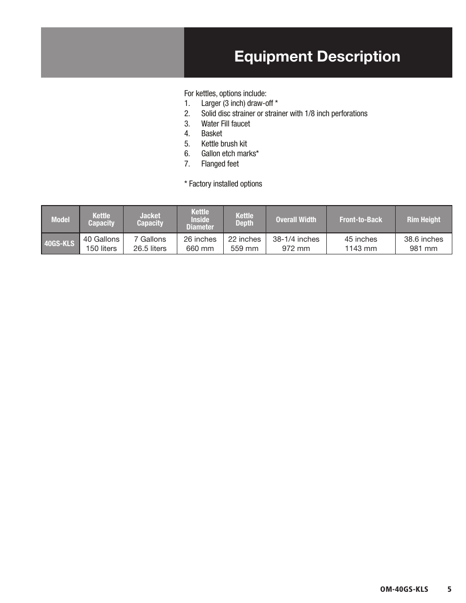 Equipment description | Blodgett 40GS-KLS Series User Manual | Page 7 / 32