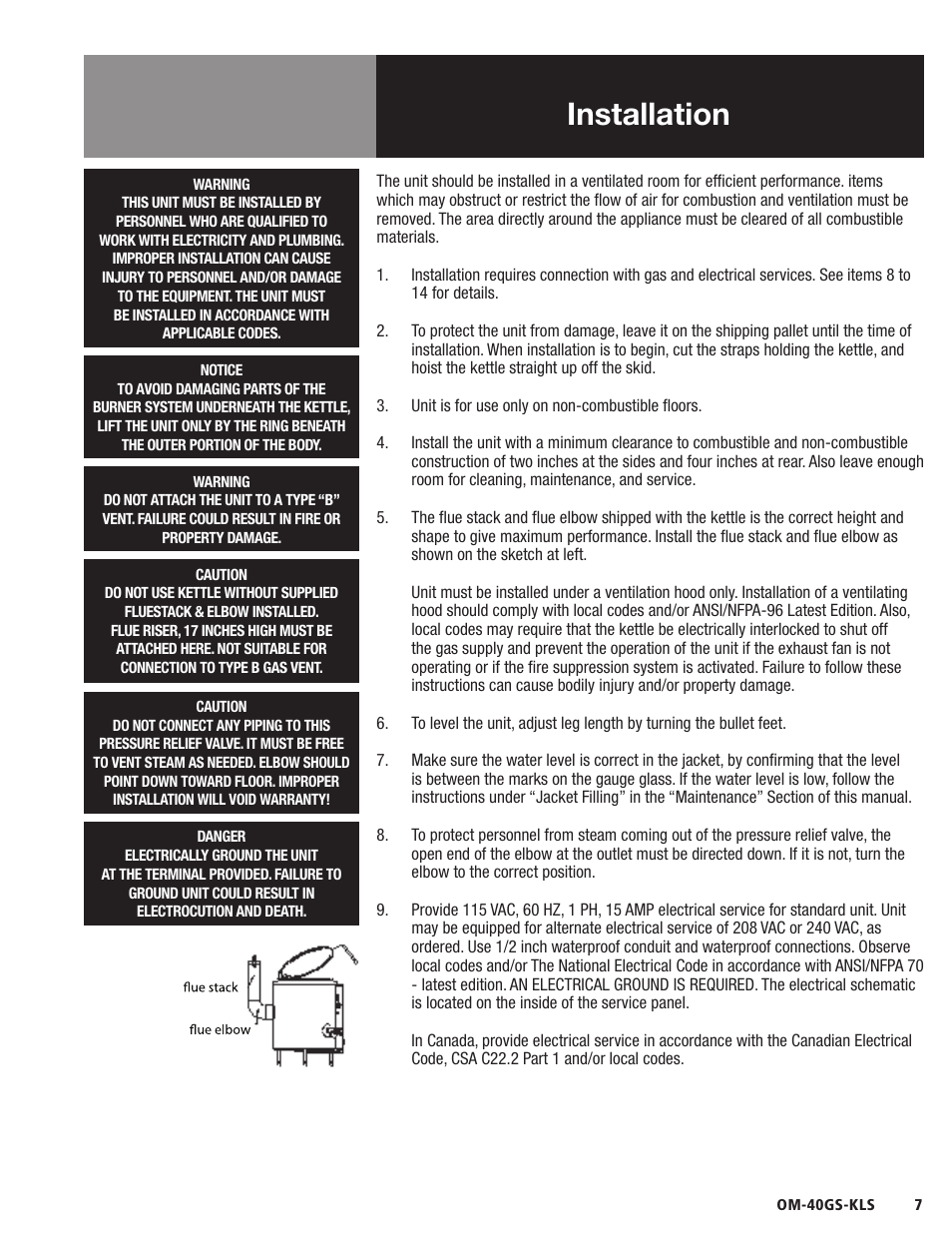 Installation | Blodgett 40GS-KLS Series User Manual | Page 9 / 32