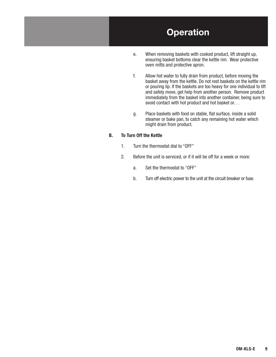 Operation | Blodgett KLS-E Series User Manual | Page 11 / 24