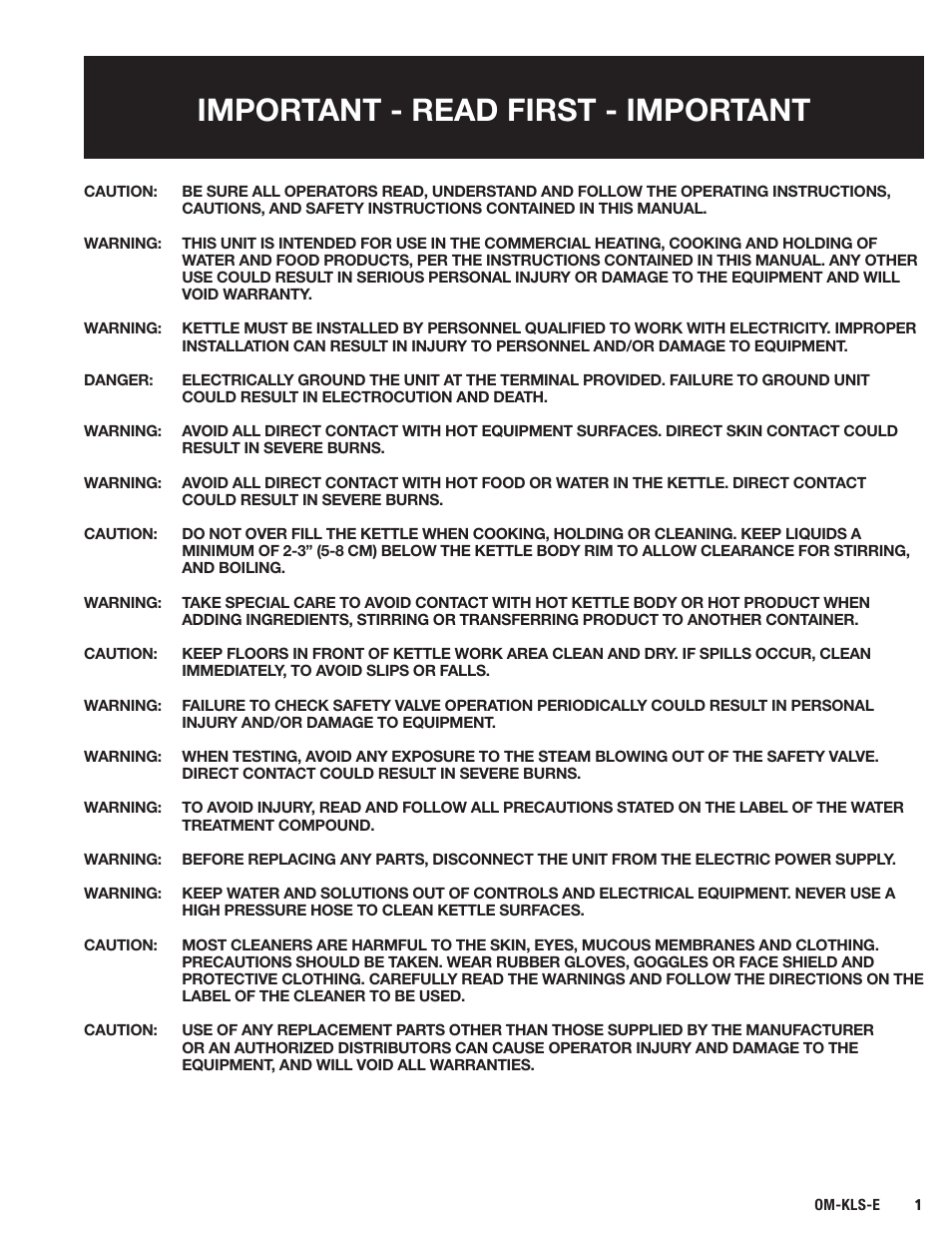 Important - read first - important | Blodgett KLS-E Series User Manual | Page 3 / 24