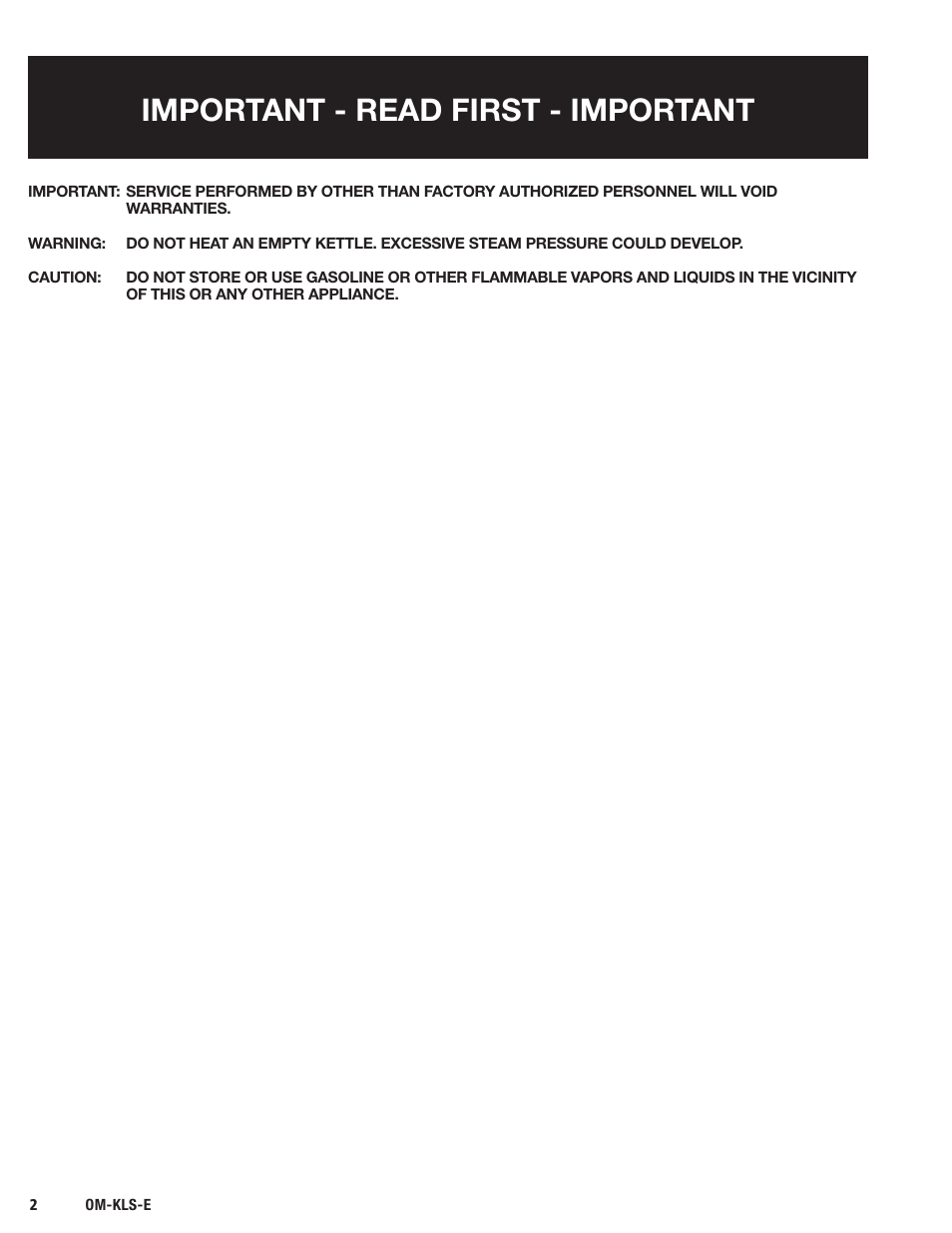 Important - read first - important | Blodgett KLS-E Series User Manual | Page 4 / 24