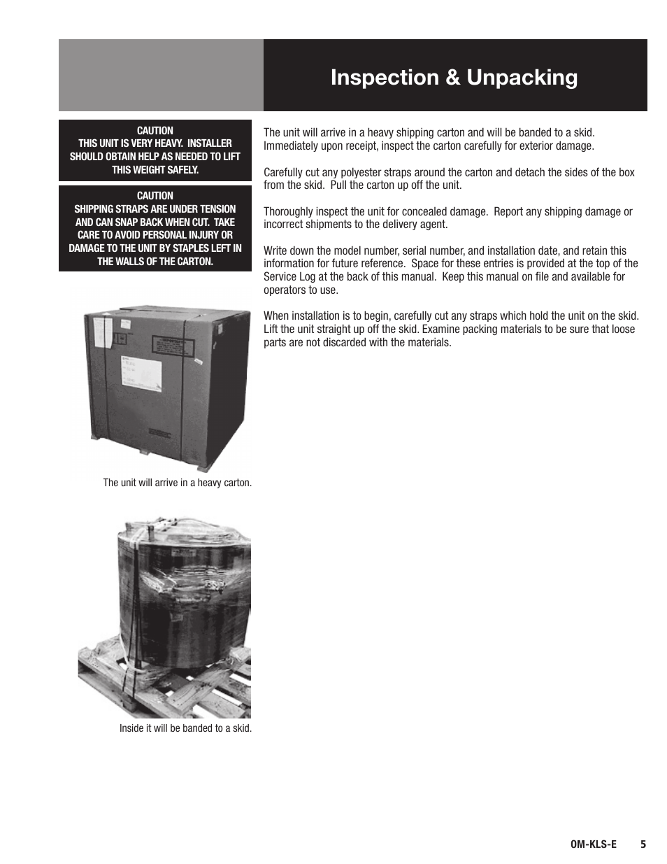 Inspection & unpacking | Blodgett KLS-E Series User Manual | Page 7 / 24