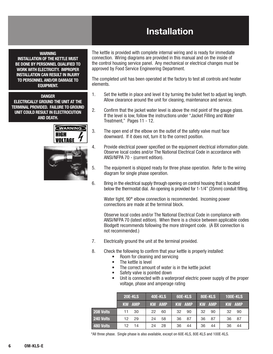 Installation | Blodgett KLS-E Series User Manual | Page 8 / 24