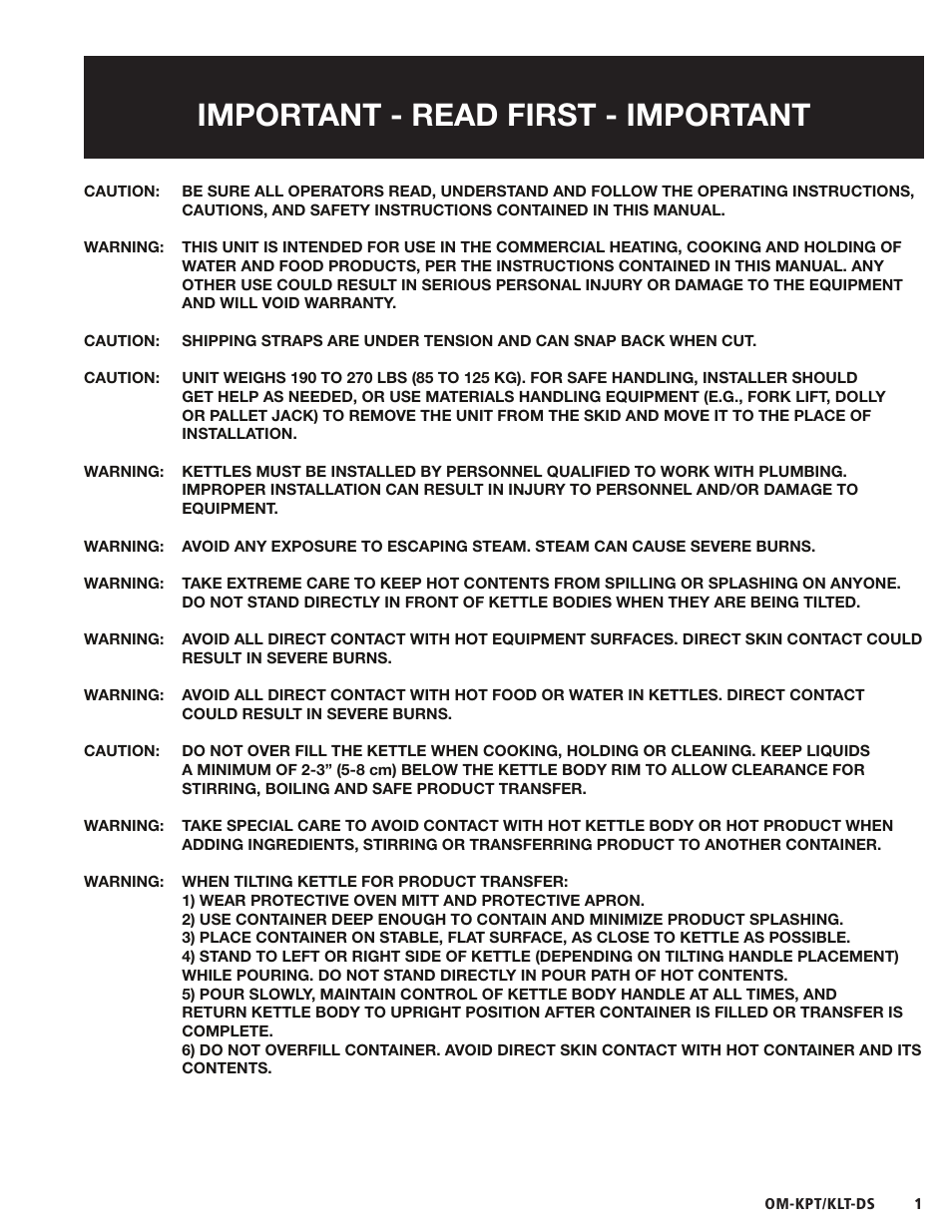 Important - read first - important | Blodgett KLT-DS Series User Manual | Page 3 / 20