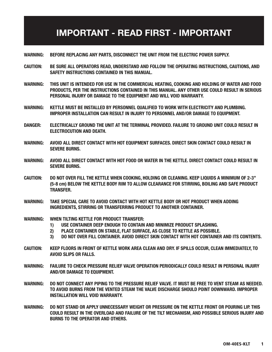 Important - read first - important | Blodgett 40ES-KLT Series User Manual | Page 3 / 28