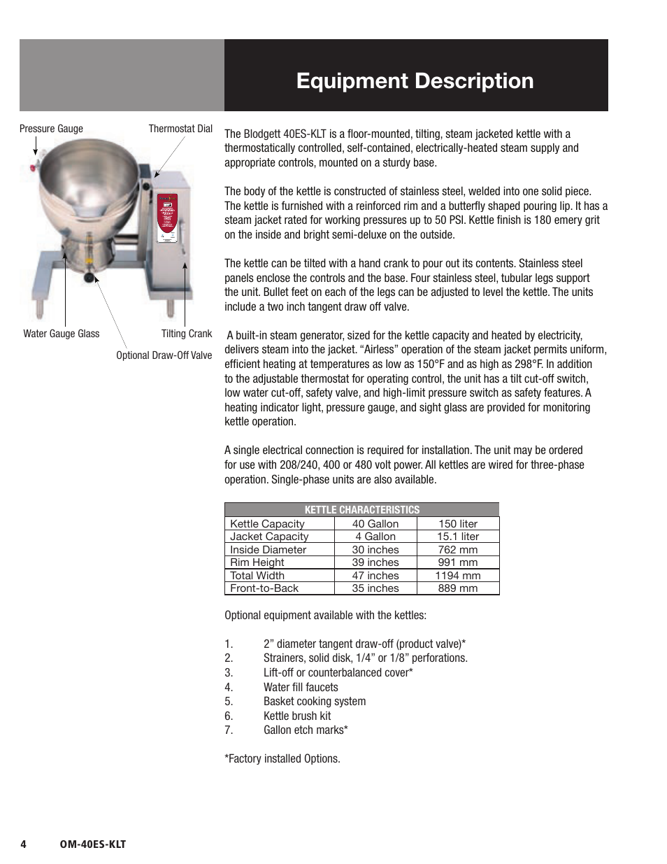 Equipment description | Blodgett 40ES-KLT Series User Manual | Page 6 / 28