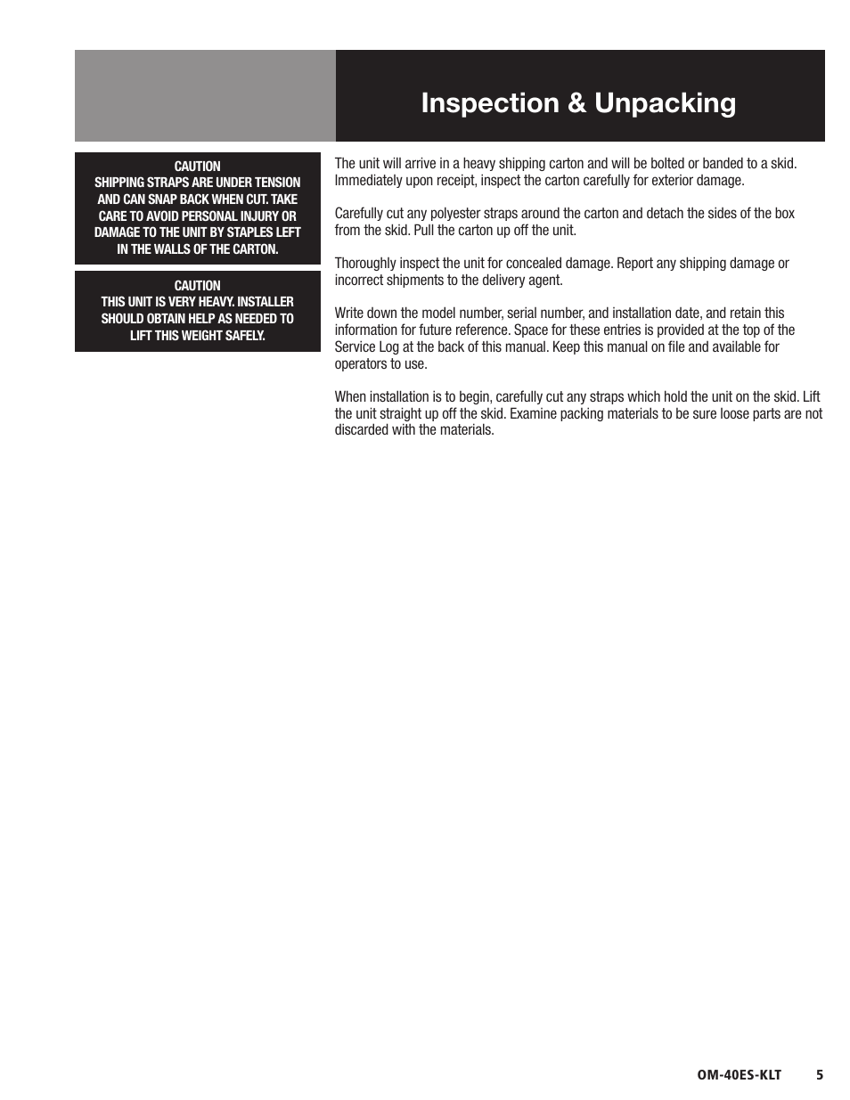 Inspection & unpacking | Blodgett 40ES-KLT Series User Manual | Page 7 / 28