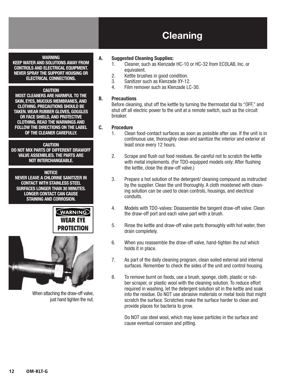 Cleaning, Wear eye protection | Blodgett KLT-G Series User Manual | Page 14 / 32