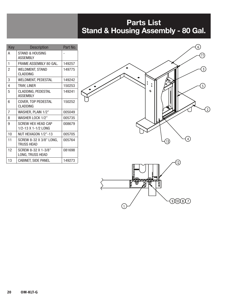 Parts list stand & housing assembly - 80 gal | Blodgett KLT-G Series User Manual | Page 22 / 32
