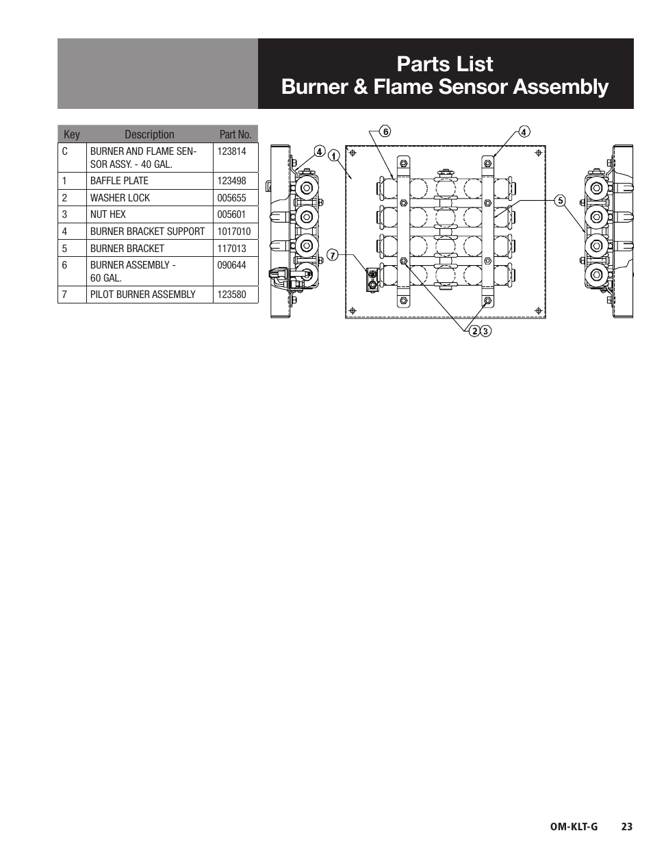 Parts list burner & flame sensor assembly | Blodgett KLT-G Series User Manual | Page 25 / 32