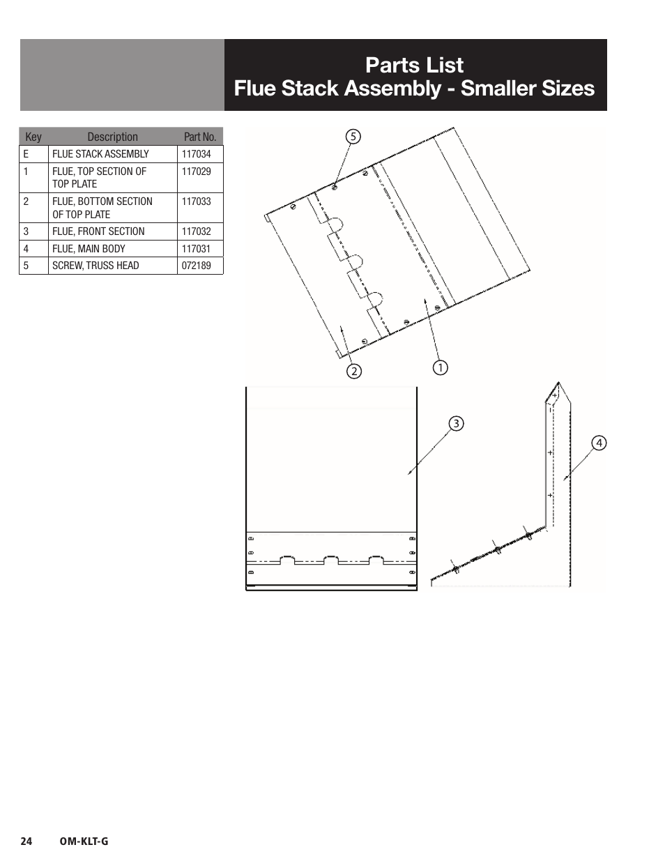 Parts list flue stack assembly - smaller sizes | Blodgett KLT-G Series User Manual | Page 26 / 32