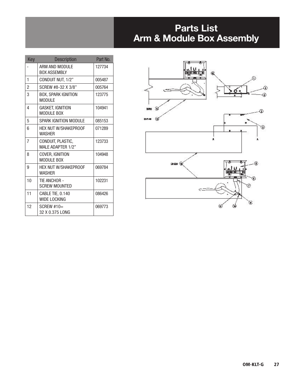 Parts list arm & module box assembly | Blodgett KLT-G Series User Manual | Page 29 / 32