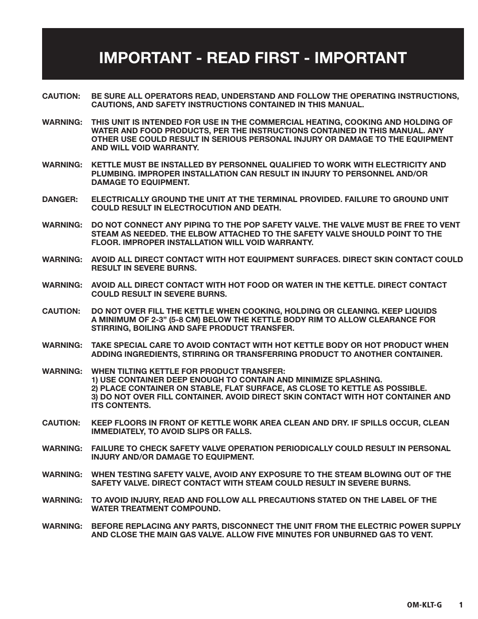 Important - read first - important | Blodgett KLT-G Series User Manual | Page 3 / 32