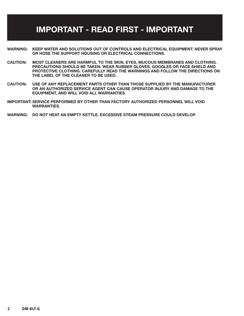 Important - read first - important | Blodgett KLT-G Series User Manual | Page 4 / 32