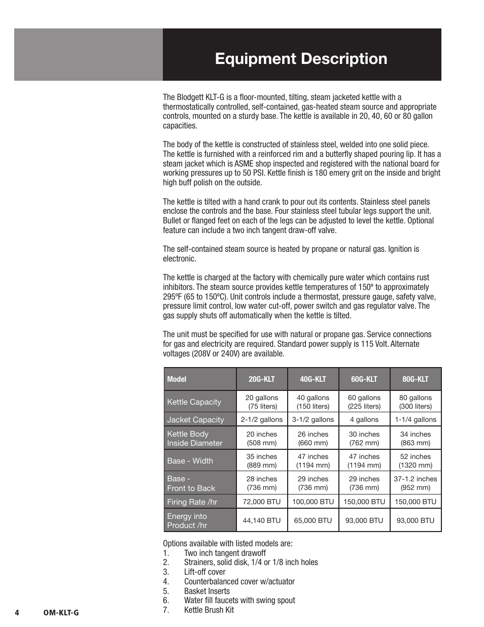 Equipment description | Blodgett KLT-G Series User Manual | Page 6 / 32