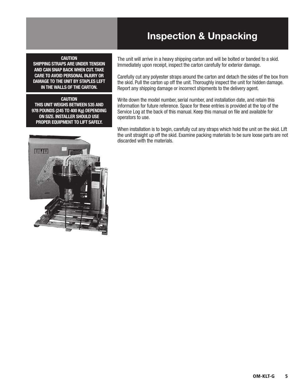 Inspection & unpacking | Blodgett KLT-G Series User Manual | Page 7 / 32