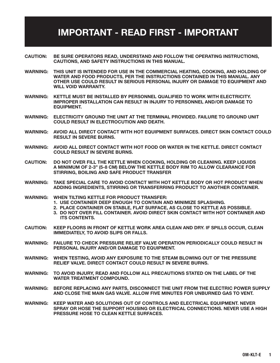 Important - read first - important | Blodgett KLT-E Series User Manual | Page 3 / 24