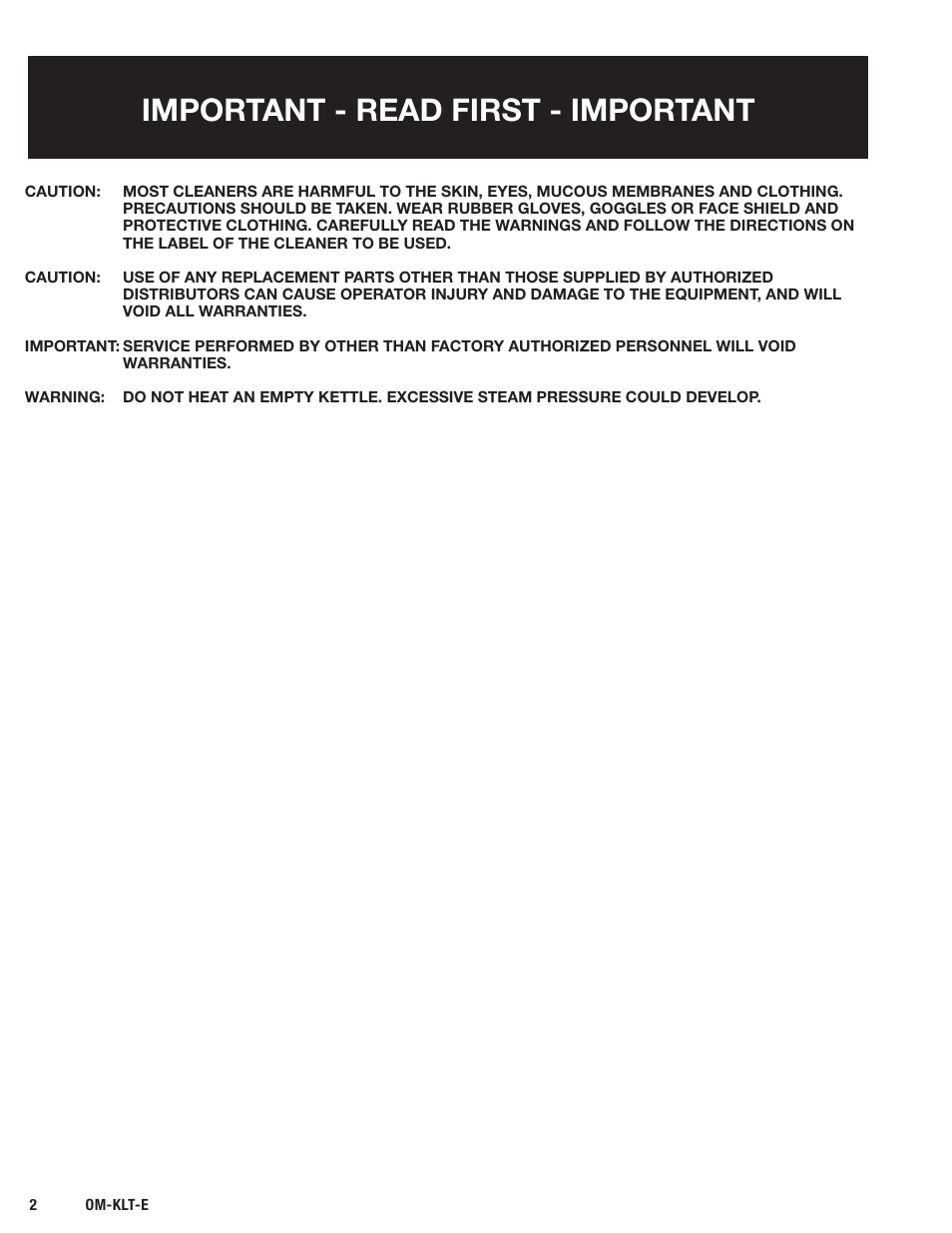 Important - read first - important | Blodgett KLT-E Series User Manual | Page 4 / 24