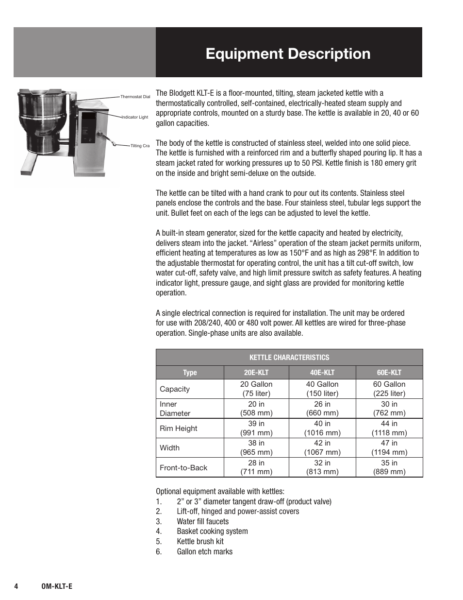 Equipment description | Blodgett KLT-E Series User Manual | Page 6 / 24
