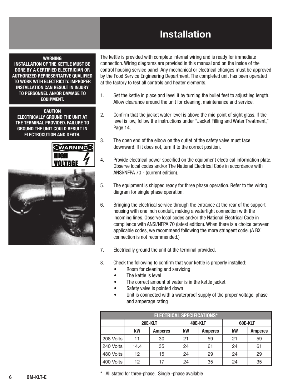 Installation | Blodgett KLT-E Series User Manual | Page 8 / 24