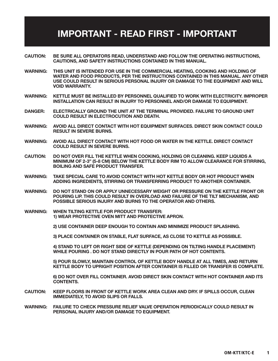 Important - read first - important | Blodgett KTC-E Series User Manual | Page 3 / 28