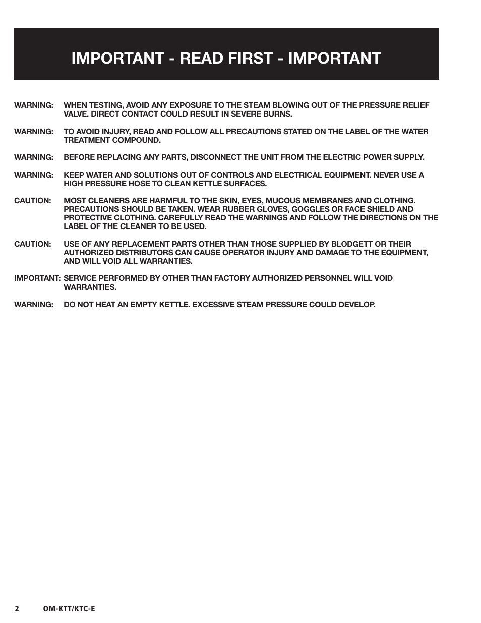 Important - read first - important | Blodgett KTC-E Series User Manual | Page 4 / 28