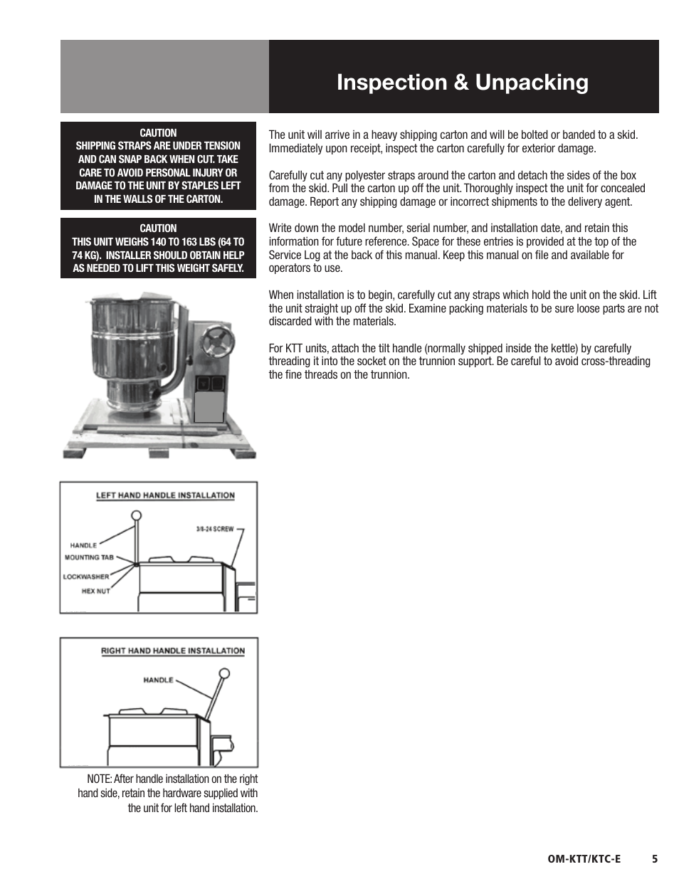 Inspection & unpacking | Blodgett KTC-E Series User Manual | Page 7 / 28