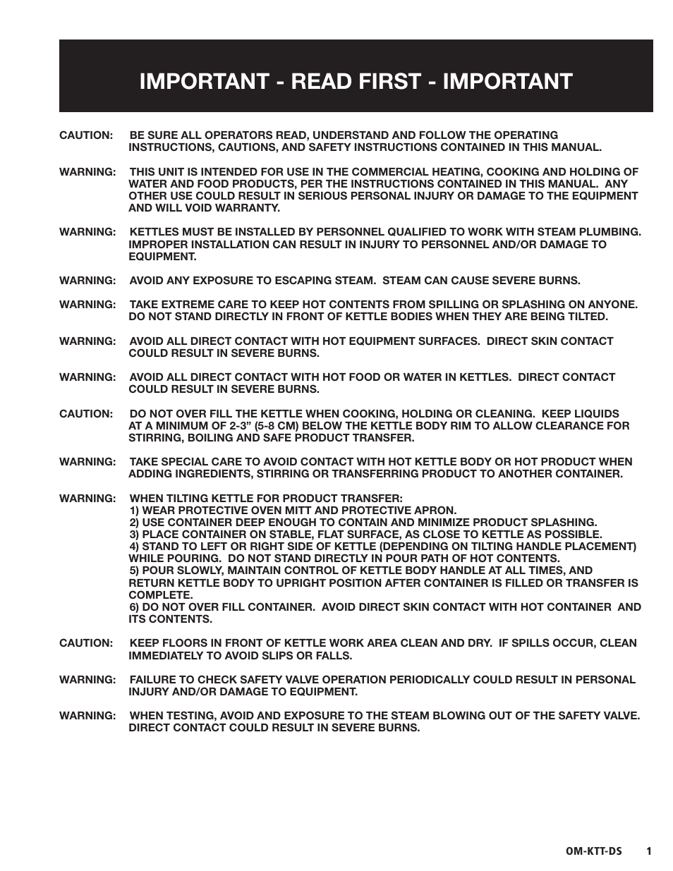 Important - read first - important | Blodgett KTT-DS Series User Manual | Page 3 / 20
