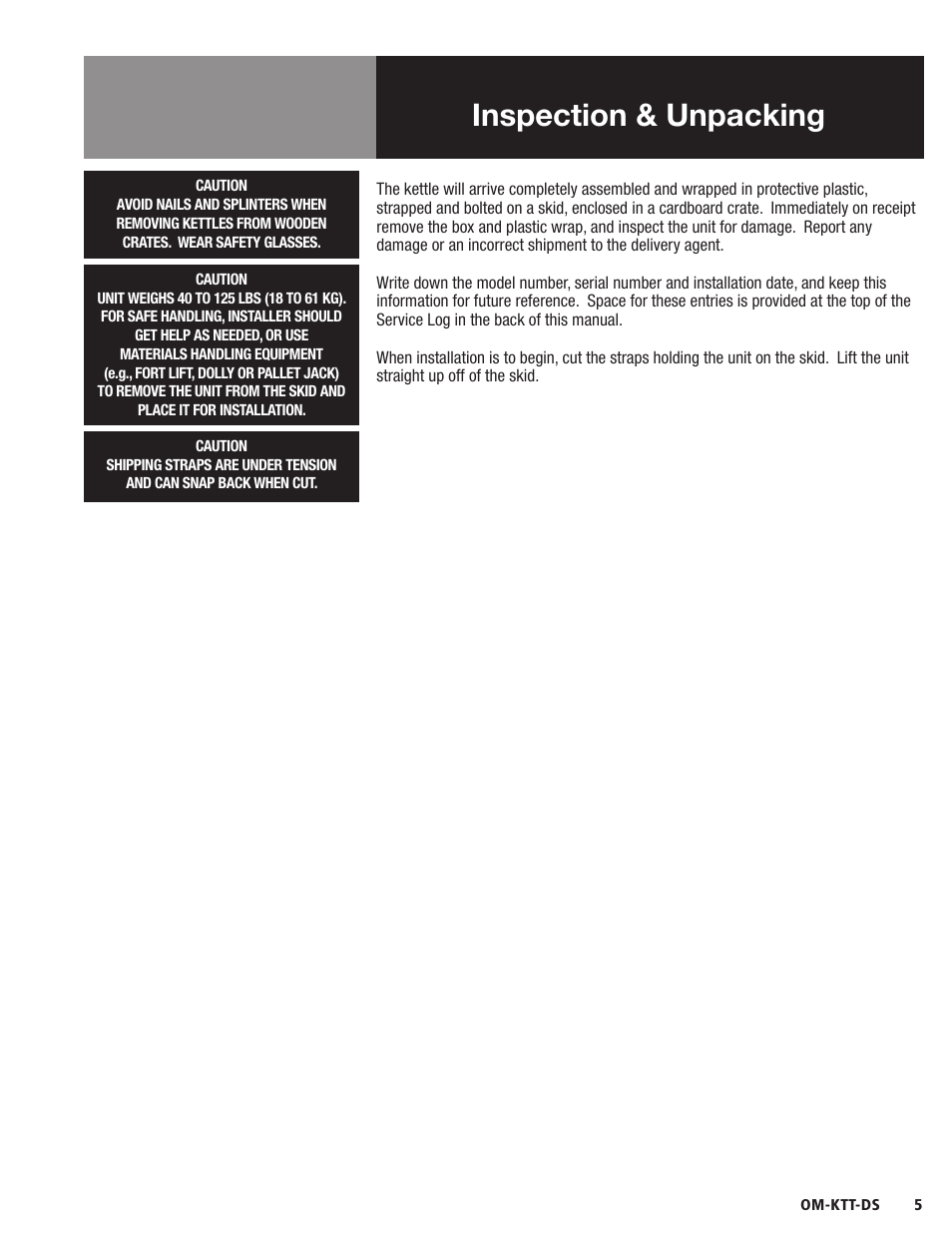 Inspection & unpacking | Blodgett KTT-DS Series User Manual | Page 7 / 20