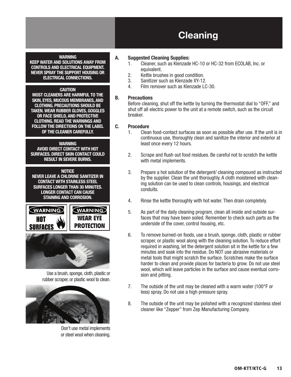 Cleaning, Om-td, Wear eye protection | Blodgett KTC-G Series User Manual | Page 15 / 36