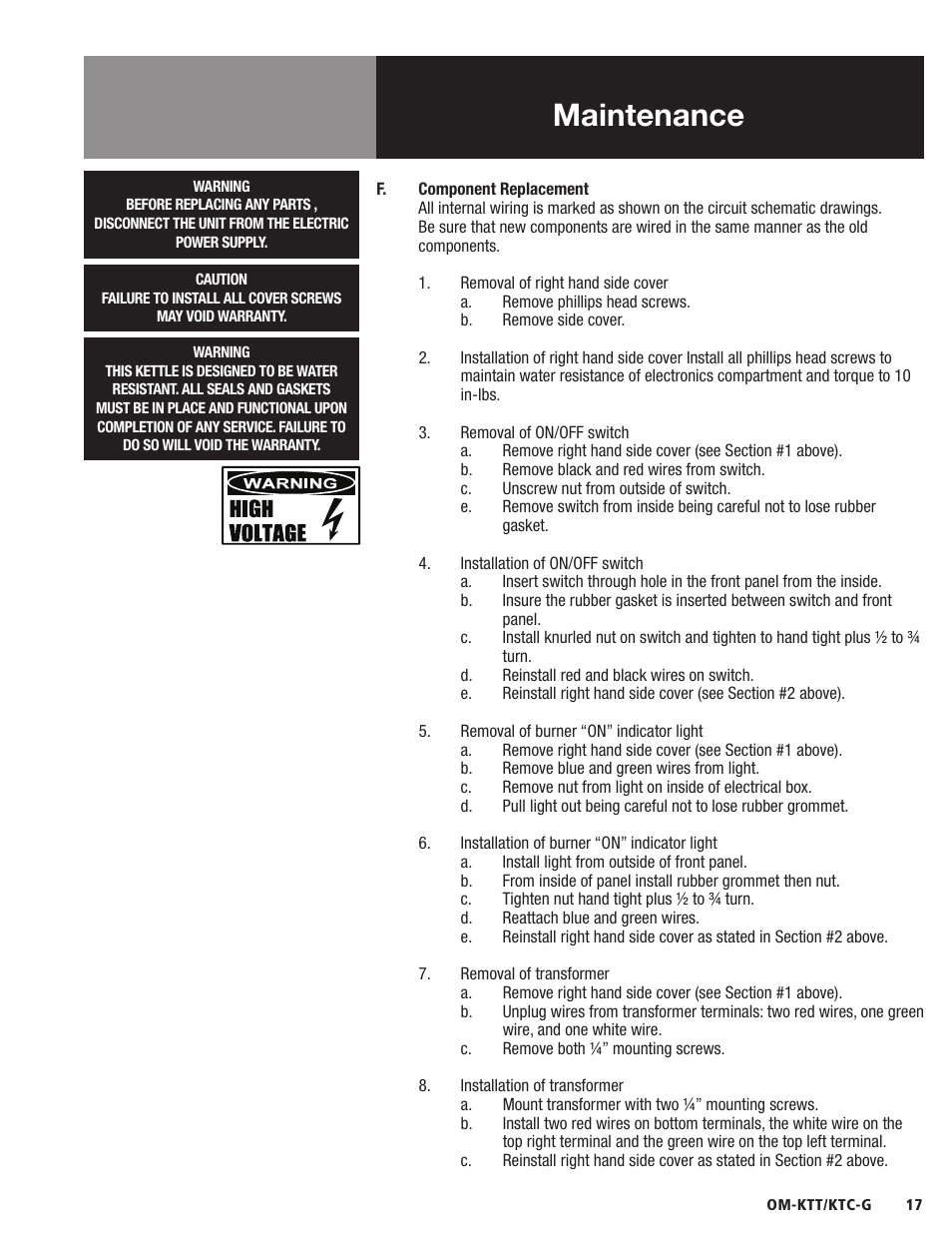 Maintenance | Blodgett KTC-G Series User Manual | Page 19 / 36