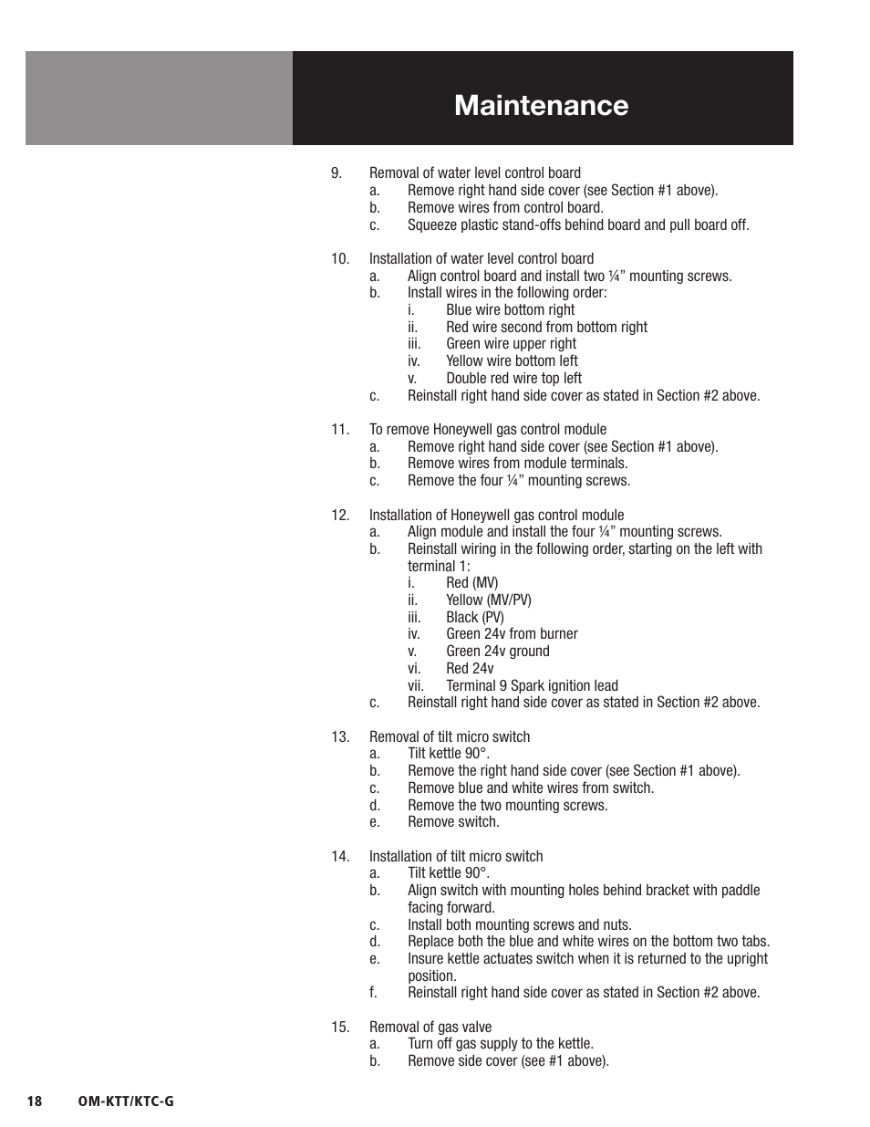 Maintenance | Blodgett KTC-G Series User Manual | Page 20 / 36