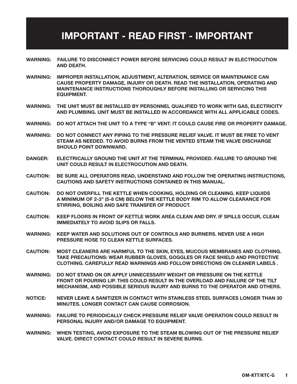 Important - read first - important | Blodgett KTC-G Series User Manual | Page 3 / 36