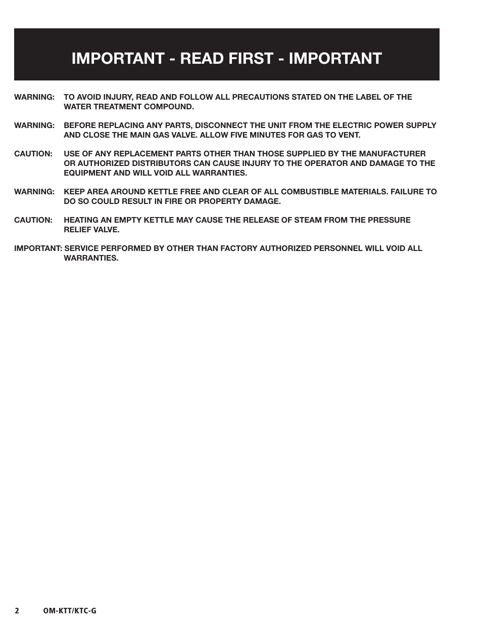 Important - read first - important | Blodgett KTC-G Series User Manual | Page 4 / 36