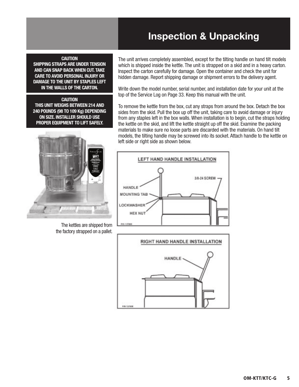 Inspection & unpacking | Blodgett KTC-G Series User Manual | Page 7 / 36