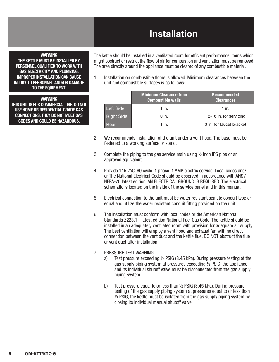 Installation | Blodgett KTC-G Series User Manual | Page 8 / 36