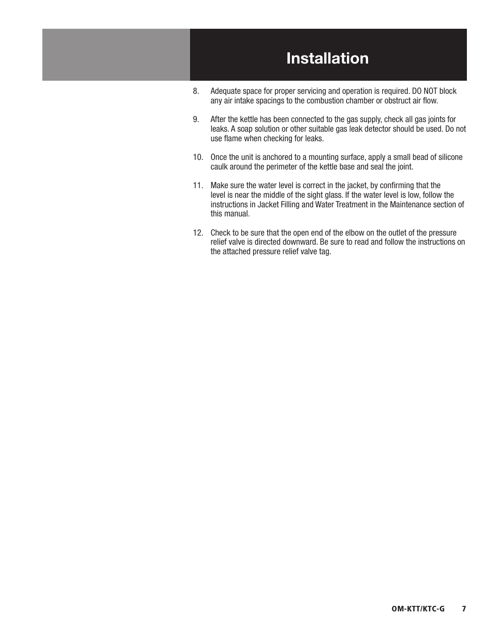 Installation | Blodgett KTC-G Series User Manual | Page 9 / 36