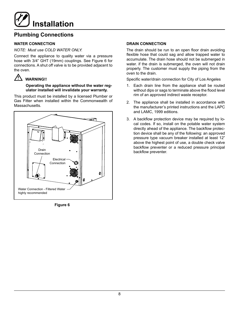 Installation, Plumbing connections | Blodgett HV-50 User Manual | Page 10 / 35