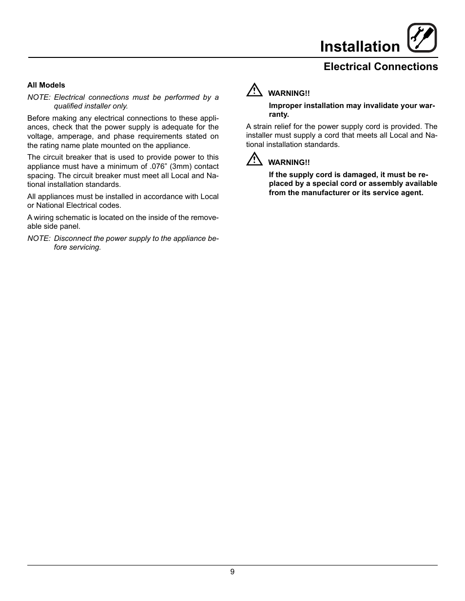 Installation, Electrical connections | Blodgett HV-50 User Manual | Page 11 / 35