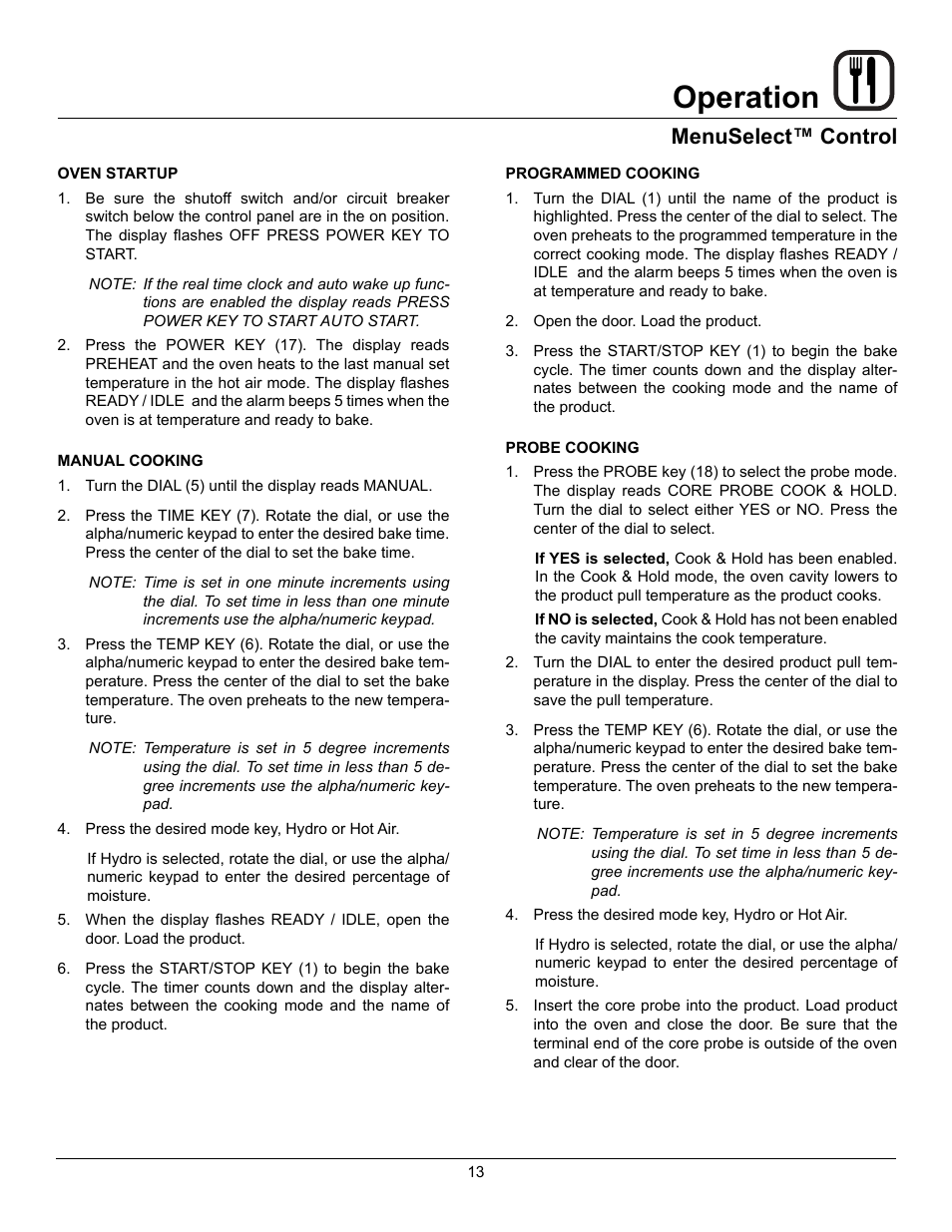 Operation, Menuselect™ control | Blodgett HV-50 User Manual | Page 15 / 35